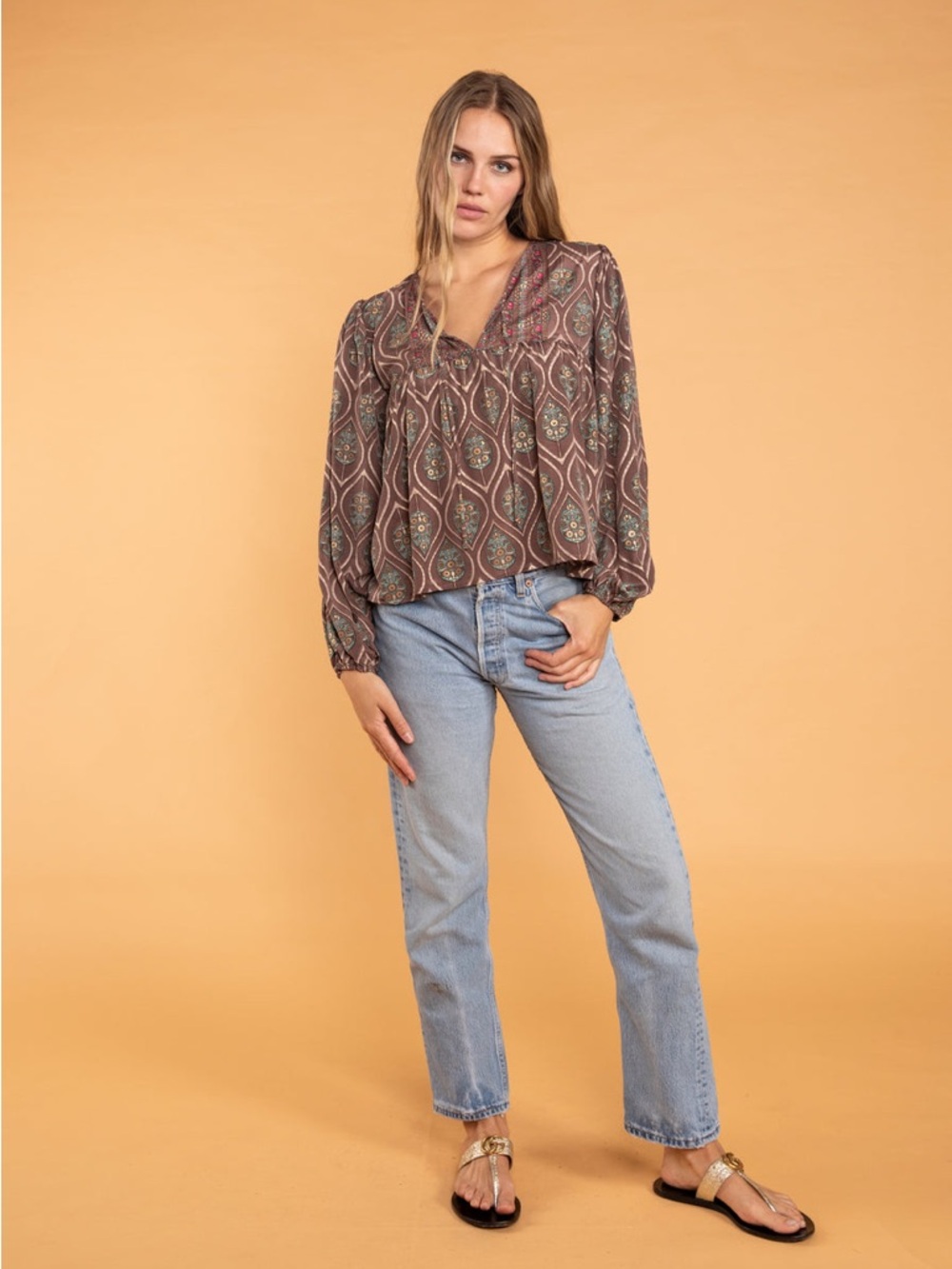 RAGA Asmee Billow Sleeve Boho Indie Festival Paisley Blouse Size Large